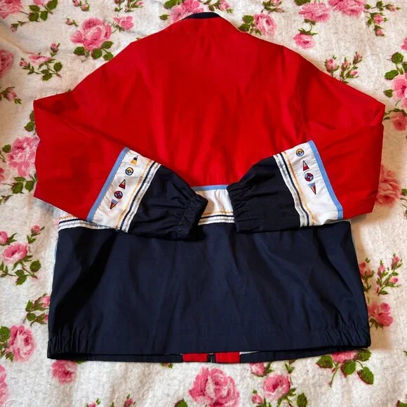 1990s retro color blocked embroidered drop sleeve windbreaker with boat flags - - Picture 13 of 13